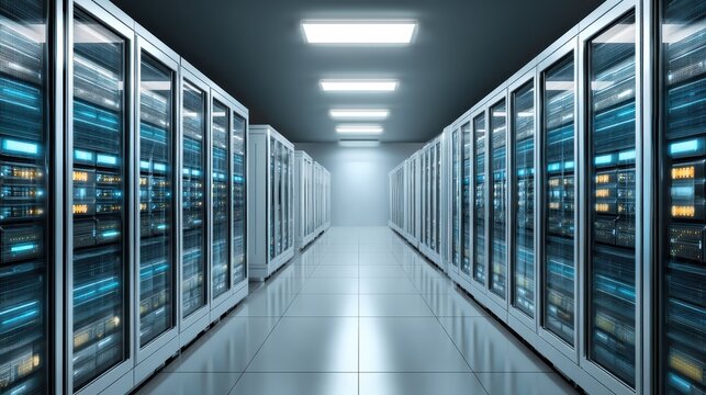 A modern data center with rows of illuminated server racks, reflective floors, and bright overhead lighting in a high-tech environment