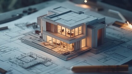 A cinematic view of a team of architects and engineers collaborating on a luxury house blueprint