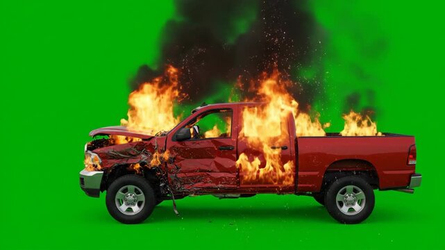 An exploded burning car is burning, the car is burning in slow motion. Looping VFX animation in front of green screen.
