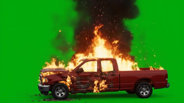An exploded burning car is burning, the car is burning in slow motion. Looping VFX animation in front of green screen.
