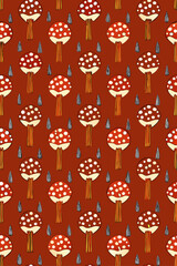 Whimsical red and white spotted mushrooms with striped stems and grey teardrops toadstool spots