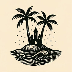 Tropical island vector illustration featuring palm trees, a beach, and the summer sea