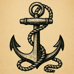 Vintage anchor and rope symbol for nautical ship and marine design illustration