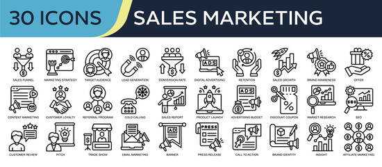 Collection of Sales Marketing icons, related to sales funnel, marketing strategy, target audience, digital advertising, sales growth and more. Outline icons vector illustation