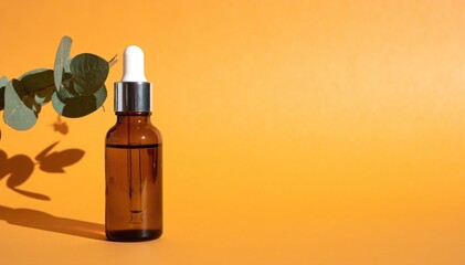 Fototapeta premium A small glass bottle of essential oil sits elegantly on a vibrant orange background, surrounded by fresh green leaves, evoking a sense of natural wellness.