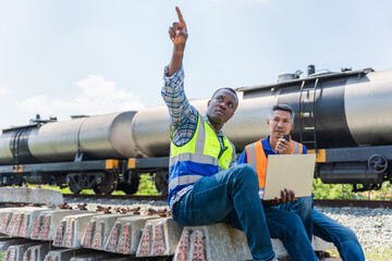 Railway Engineers Discussing Plans Beside Cargo Train, Two Industrial Workers or Supervisors at...
