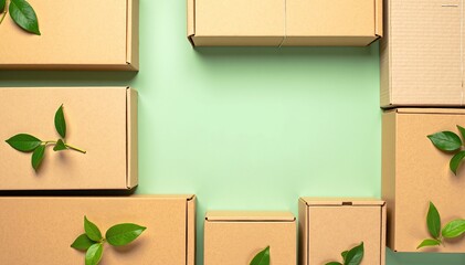 A collection of assorted cardboard boxes adorned with vibrant green leaves, creating a fresh and natural aesthetic, perfect for eco-friendly packaging.