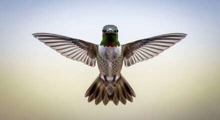 Obraz premium A stunning male hummingbird hovers in mid-air, facing forward with its wings spread wide.