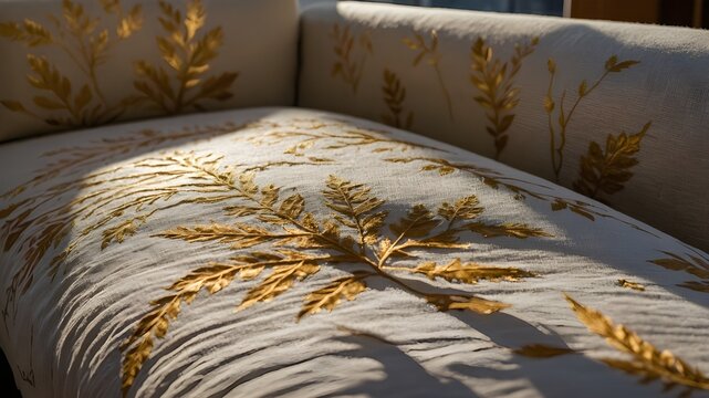Close-up detail of an upholstered sofa with a beautiful golden fern leaf pattern embroidered onto the fabric.
