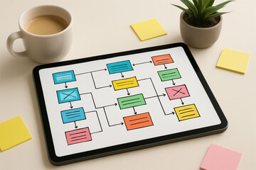 Digital mind map or flowchart on tablet screen with coffee and plant
