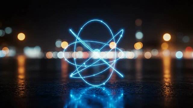 A glowing neon atom symbolizes futuristic science and technology, reflecting energy and innovation in an abstract design