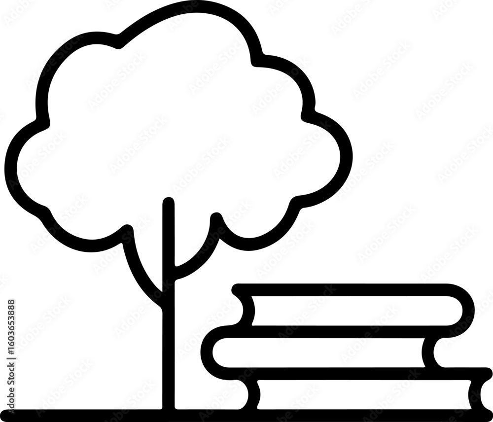Poster simple line art icon of a tree and stack of books in nature