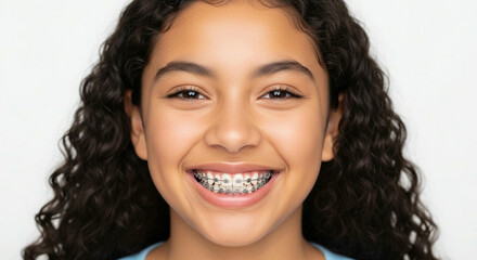A portrait of a smiling beautiful young woman with wearing dental braces