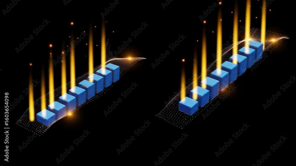 Poster dynamic energy waves emanating from blue blocks in a dark space environment