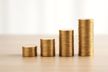 Stacks of gold coins increasing in height on a wooden surface representing financial growth