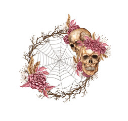 Skulls with burgundy roses, dry branches and cobwebs, round frame. Watercolor illustration in Gothic style. For Halloween, Day of the Dead, decor, invitations, prints. Isolated from the background.