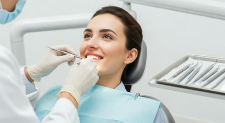 A happy female patient in a dental chair during a consultation with her dentist