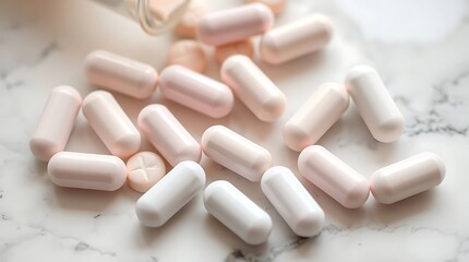 Closeup of white and pink pills on white marble background.