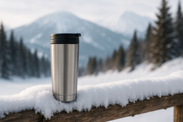 Silver thermos bottle standing on a snow covered wooden surface with blurred winter mountain landscape background