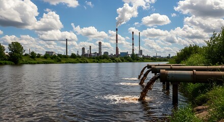 The photograph highlights a critical environmental issue, emphasizing the visible pollution from an industrial pipe and the looming presence of factory chimneys against a natural landscape.