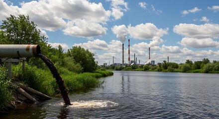 This powerful image captures the severe impact of human activity on nature, showcasing contaminated water flowing into a river, overlooked by distant, smoke-emitting factories.