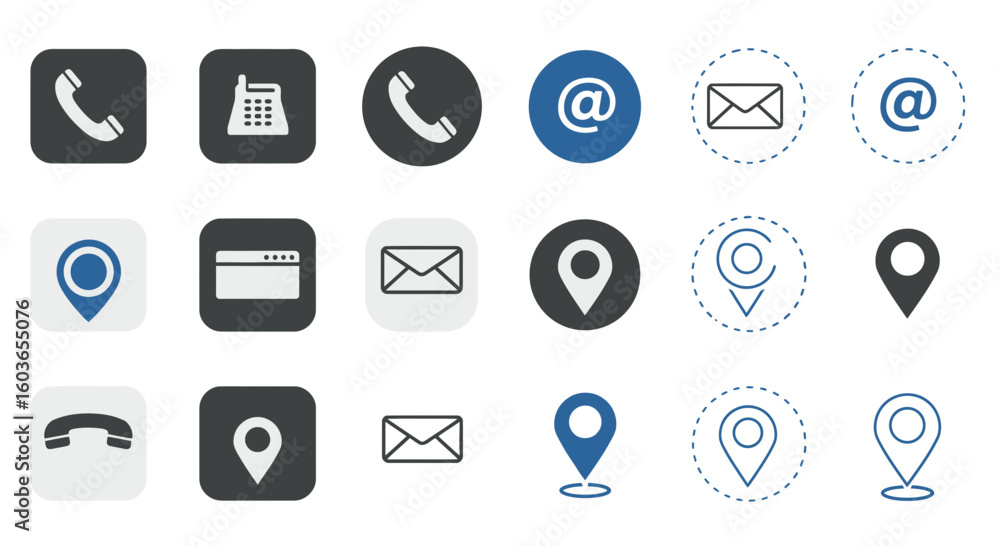 Poster various contact information icons in different styles and color schemes for user interface design