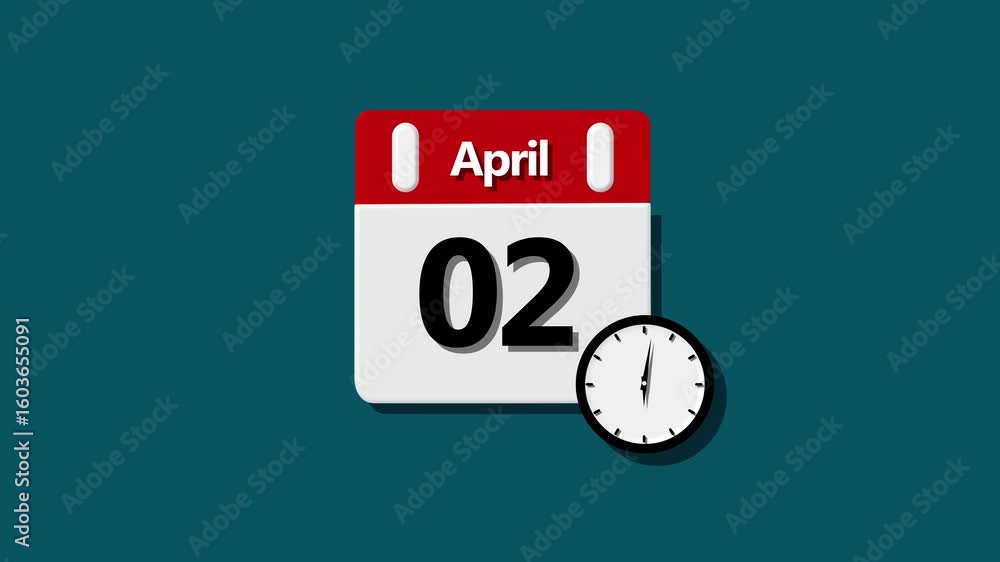 Poster 02 april month calendar. calendar simple icon animation .analog calendar and clock icon design anima