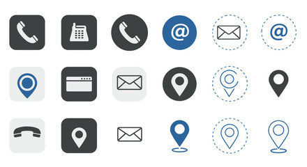 Various contact information icons in different styles and color schemes for user interface design