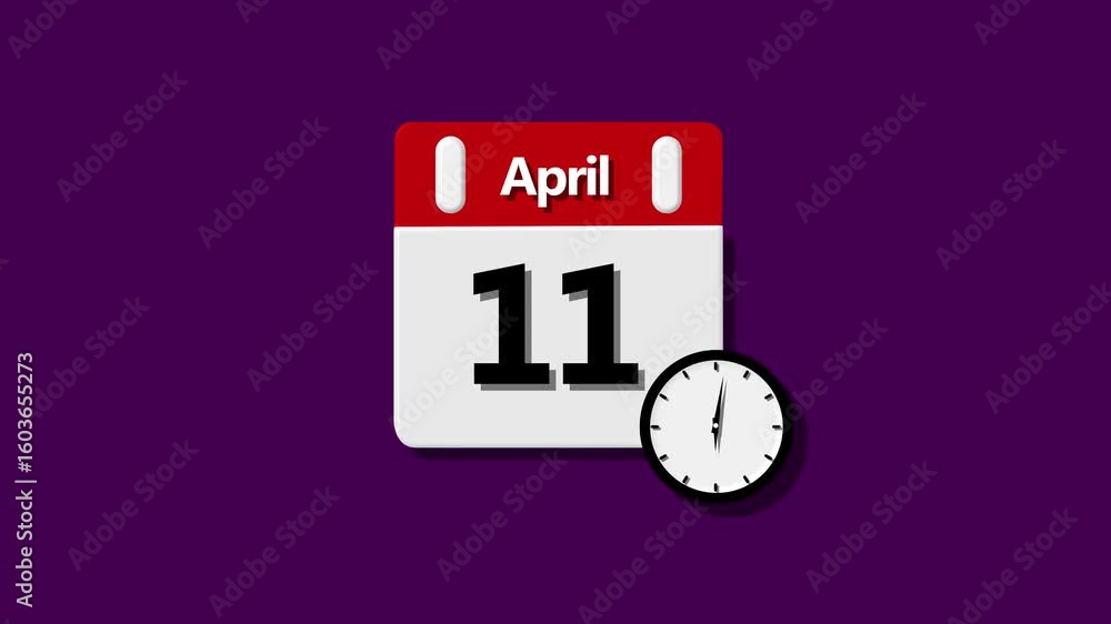 Poster 11 april month calendar. analog calendar and clock icon design animation 4k video. april month calen