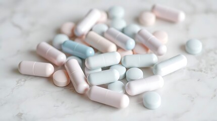 Close up of white and pink pills on white marble background.