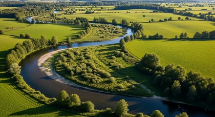 Aerial view of a winding river meandering through lush green fields and scattered trees, showcasing a serene natural landscape.