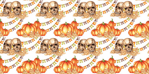 Human skulls surrounded by pumpkins, candles and garland flags. Watercolor illustration isolated from the background. Creepy seamless pattern, for Halloween and Dia de los Muertos.