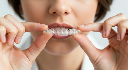A woman holding a set of clear invisible orthodontic aligners in front of her smile