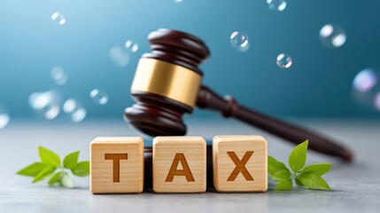 Business carbon credit. Wooden blocks spell "TAX" beside a gavel and leaves on a blurred background.