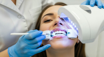 A satisfied female patient after a successful teeth whitening procedure showing her bright smile