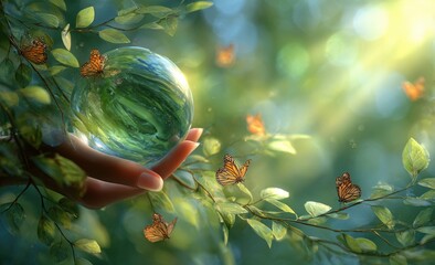 Hand holds crystal orb, surrounded by butterflies & leaves