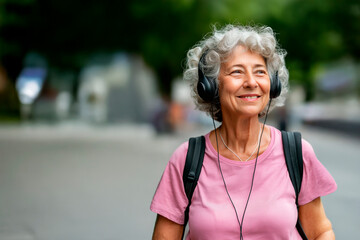 Elderly woman enjoying music outdoors