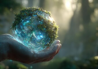 Hand holds glowing, mossy sphere