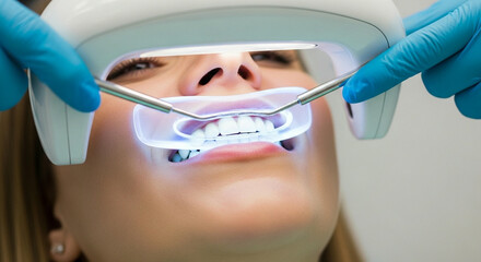 A patient with a cheek retractor during a teeth whitening or bonding dental procedure