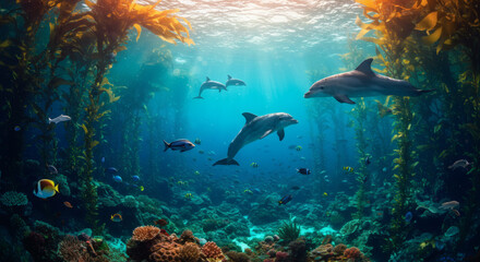 Fototapeta premium Playful dolphins swim gracefully through a vibrant, sunlit underwater kelp forest, surrounded by diverse marine life.