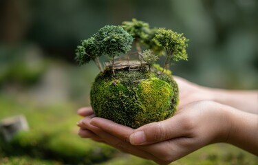 Miniature Earth nestled in hands, lush greenery