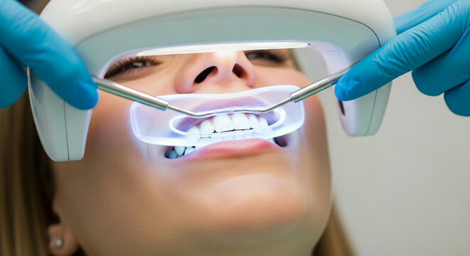 A patient with a cheek retractor during a teeth whitening or bonding dental procedure