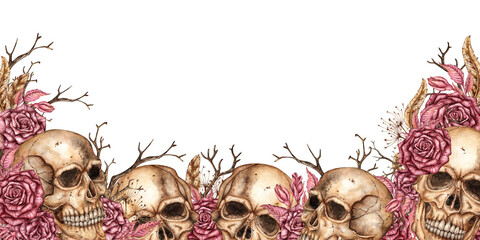 Skulls, burgundy roses, dry branches, dried flowers, brown feathers, rectangular frame, bottom. Watercolor gothic illustration. Suitable for Halloween and Day of the Dead. Isolated from the background