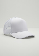 White trucker cap with textured front and mesh back on gray surface