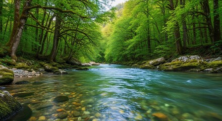 Fototapeta premium A pristine mountain river with clear, turquoise water flows through a lush, sunlit green forest.