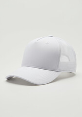 White trucker hat with mesh back and curved visor on gray studio backdrop