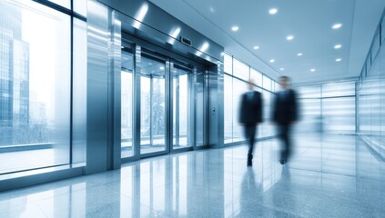 Modern office hallway with people walking past elevator