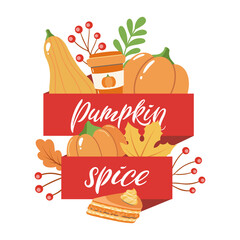 A cozy autumn card with a pumpkins, maple leaves, red berries and ribbon frame.