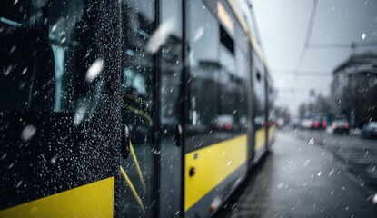 Snowy city tram in winter
