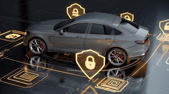 Silver Automobile with Luminous Security Icons on Dark Circuitry Background